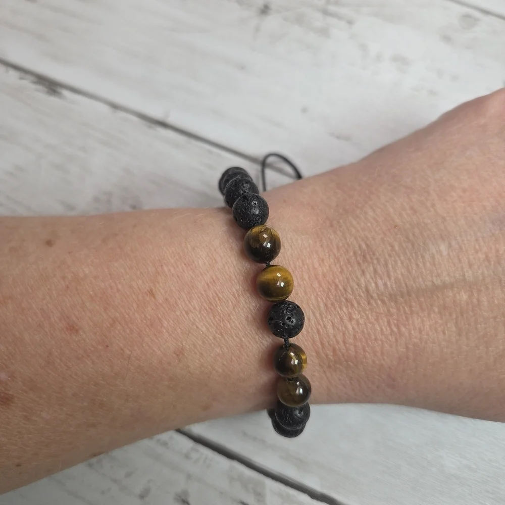 Black Lava Bead and Tiger Eye Adjustable Bracelet - Men Accessories